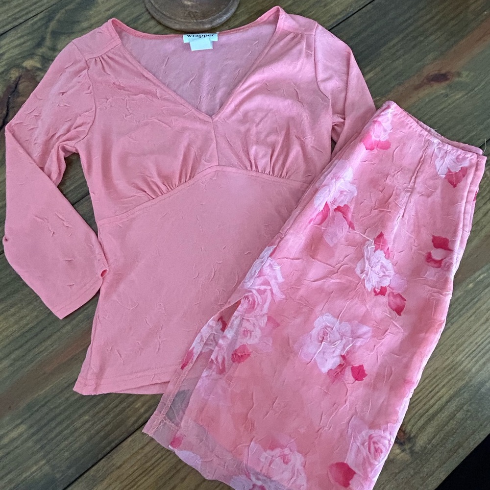✨Wrapper Coral-Pink Floral Mesh Set